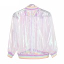 Ladies' Lightweight Translucent Bomber Jacket with Pearlescent Rainbow Sheen Zip Fastening Pastel Striped Ribbed Collar Cuffs and Hem Polyester 9