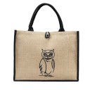 Ladies' Linen Canvas Bag with Owl Print Natural Beige Bag with Black Trimming, Short Handles and Button Fastening 4