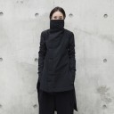 Ladies' Long Asymmetrical Coat with High Collar Loose Layered Cut with Quilted Lower Part and Extended Back Black Cotton 3
