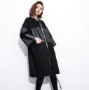 Ladies' Long Black Coat with Artificial Leather Panels Loose Fit Ribbed Stand-up Collar Zip Fastening Wide Three-quarter Sleeves Cotton and PU 3