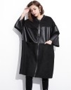 Ladies' Long Black Coat with Artificial Leather Panels Loose Fit Ribbed Stand-up Collar Zip Fastening Wide Three-quarter Sleeves Cotton and PU 6