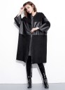Ladies' Long Black Coat with Artificial Leather Panels Loose Fit Ribbed Stand-up Collar Zip Fastening Wide Three-quarter Sleeves Cotton and PU 7