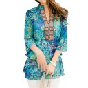 Ladies' Long Blouse with Floral Pattern and Stand-Up Collar Neckline with Decorative Ribbon Three-Quarter Sleeve Loose Fit Polyester 3