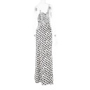Ladies' Long Dress with Thin Straps, V-Neck and Ruffles with Flower and Deeply Exposed Back in White with Black Dots 14