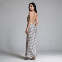 Ladies' Long Dress with Thin Straps, V-Neck and Ruffles with Flower and Deeply Exposed Back in White with Black Dots 7