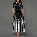 Ladies' Long Elegant Dress with Short Sleeves Black and White Polka Dot Pattern Fitted Bodice and Flared Skirt Cotton with Elastane 4