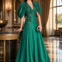 Ladies' Long Evening and Ball Gown with Deep V-Neck and Flowing Sleeves with Beaded Embroidery in A-Line Cut Green 5