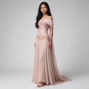Ladies' Long Evening and Party Dresses with Exposed Shoulders and Bodice with Floral Embroidery and Beads with Flowing Skirt Pink 4
