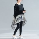 Ladies' Long Loose Blouse with Long Sleeves Black Top and Sheer Lower Part with Abstract Pattern Asymmetrical Pointed Hem Polyester 6