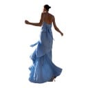 Ladies' Long Pleated Dress with Thin Straps, Ruffled Fan Pattern and Ruffle on the Side of the Fitted Blue Skirt for Evening Wear 7