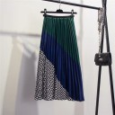 Ladies' Long Pleated Skirt with Diagonal Colour Blocks and Checkered Pattern Glossy Finish Delicate Pleats Throughout Made of Acrylic 1