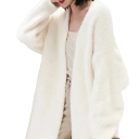 Ladies' Long Plush Cardigan Without Fastening Elegant White Winter Coat with Long Sleeves Comfortable Warm Fur Made of Polyester Universal Size 2
