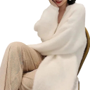 Ladies' Long Plush Cardigan Without Fastening Elegant White Winter Coat with Long Sleeves Comfortable Warm Fur Made of Polyester Universal Size 3