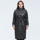 Ladies' Long Quilted Coat with Hood and Belt for Spring and Autumn Knee-Length Patterned Lining Press Studs Cotton and Polyester 2