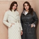 Ladies' Long Quilted Coat with Hood and Belt for Spring and Autumn Knee-Length Patterned Lining Press Studs Cotton and Polyester 6