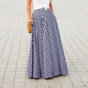 Ladies' Long Skirt with a Small Checked Pattern and High Waist Wide Gathered Cut with Pockets Maxi Length Down to the Ankles Polyester 1
