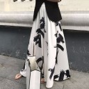 Ladies' Long Skirt with Abstract Pattern White with Black Brush Strokes Flared Cut with Slit Flowing Fabric Made of Polyester and Cotton 2