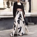 Ladies' Long Skirt with Abstract Pattern White with Black Brush Strokes Flared Cut with Slit Flowing Fabric Made of Polyester and Cotton 4