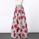 Ladies' Long Skirt with Polka Dots and Red Rose Print Elastic Waistband Universal Size Polyester with Spandex Pleats at Waist 1