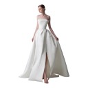 Ladies' Long Strapless Wedding Dress with 50 cm Train and High Slit with Ruched Bodice and Pleated Skirt in White for Prom 4