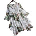 Ladies' Long Summer Blouse with Floral Print V-Neck Wide Sleeves Asymmetrical Hem Loose Fit Polyester and Cotton 3