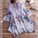 Ladies' Long Summer Blouse with Floral Print V-Neck Wide Sleeves Asymmetrical Hem Loose Fit Polyester and Cotton 4