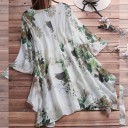 Ladies' Long Summer Blouse with Floral Print V-Neck Wide Sleeves Asymmetrical Hem Loose Fit Polyester and Cotton 5