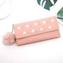 Ladies' long wallet with flap and white hearts Small metal studs Fluffy pompom on a chain Artificial leather 19 x 9.5 x 1.5 cm 5
