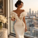 Ladies' Long Wedding Dress with Off-the-Shoulder Ruffles, Deep V-Neck and Pearls in Mermaid Cut 7