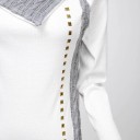 Ladies' Long White Sweatshirt with Grey Knitted Collar Cable Pattern Decorative Gold Studs Fitted Cut Polyester and Cotton 4