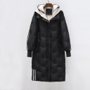 Ladies' Long Winter Coat with Hood and Contrast Stripes Quilted Coat with Knitted Cuffs and Light Lining Polyester and Cotton 1
