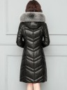 Ladies' Long Winter Leather Coat with Hood and Faux Fur V-Shaped Stitching Fitted Cut Zip and Side Pockets Leather and Polyester 5