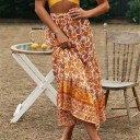 Ladies' Maxi Skirt with Orange Floral Pattern Gathered Waist Frilled Hem with Ornamental Edge Cotton with Synthetic Silk 2