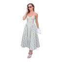 Ladies' Midi Dress with Thin Straps, Corset Bodice and Heart-Shaped Neckline in Green Stripes with Small Flowers for Summer 5