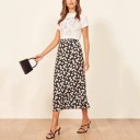 Ladies' Midi Skirt with Floral Print Black with White Flowers Slightly Flared A-Line Cut Cotton and Polyester Length to Mid-Calf 3