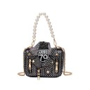 Ladies' mini handbag in the shape of a biker jacket with polka dots Pearl handle Gold chain strap Zips and metal studs Artificial leather 18 x 2