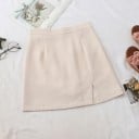Ladies' Mini Skirt with a High Waist and Front Slit Simple A-line Cut Smooth Matte Fabric without Print Cotton and Polyester 4