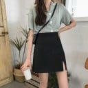 Ladies' Mini Skirt with a High Waist and Front Slit Simple A-line Cut Smooth Matte Fabric without Print Cotton and Polyester 6