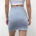 Ladies' Mini Skirt with High Waist Light Blue Ribbed Fabric Side Drawstring with Gathering Wavy Hem Cotton and Polyester 4