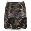 Ladies' Mini Skirt with Slit in Oriental Style Glossy Black Fabric with a Pattern of Dragons and Phoenixes Decorative Knotted Button Polyester 3