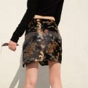 Ladies' Mini Skirt with Slit in Oriental Style Glossy Black Fabric with a Pattern of Dragons and Phoenixes Decorative Knotted Button Polyester 4