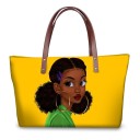Ladies' neoprene bag with an illustrated portrait print of a girl 39 x 11.5 x 29 cm Large handbag with brown handles and a striking design 4