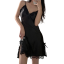 Ladies' Nightdress with Lace and Slit Elegant Plain Nightdress with V-Neck Lightweight Polyester Delicate Nightwear Various Colours 1