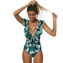 Ladies' One-Piece Swimsuit V-Neck Wide Straps Ruffles Floral Print Polyester Summer Elegant Swimwear for Sea and Pool 1
