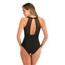 Ladies' One-Piece Swimsuit Wide Straps O-Neck Solid Black Polyester Spandex Elegant Summer Beach Swimwear for the Pool 4