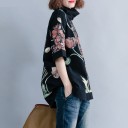 Ladies' Oversized Roll Neck Sweatshirt Black with Large Floral Print Wide Elbow-Length Sleeves Side Pockets Side Slits Polyester 3