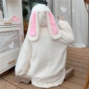 Ladies' Plush Hoodie with Hood and Bunny Ears Extended Zip Cut Frill Hem Drawstrings with Pom-Poms White Polyester and Acrylic 4