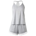 Ladies' Pyjama with Lace Trim and Lace Back Top with V-Neck and Shorts Plain Set Made of Polyester and Spandex Various Colours 14