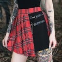 Ladies' Red Mini Skirt with Scottish Tartan Pattern and Pleats Black Side Panel with Decorative Straps and Carabiners Polyester and Cotton 2