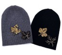 Ladies' Ribbed Knitted Hat with Application of Autumn Leaves Made of Sequins and Beads Cotton and Wool Head Circumference 50 to 60 cm 5